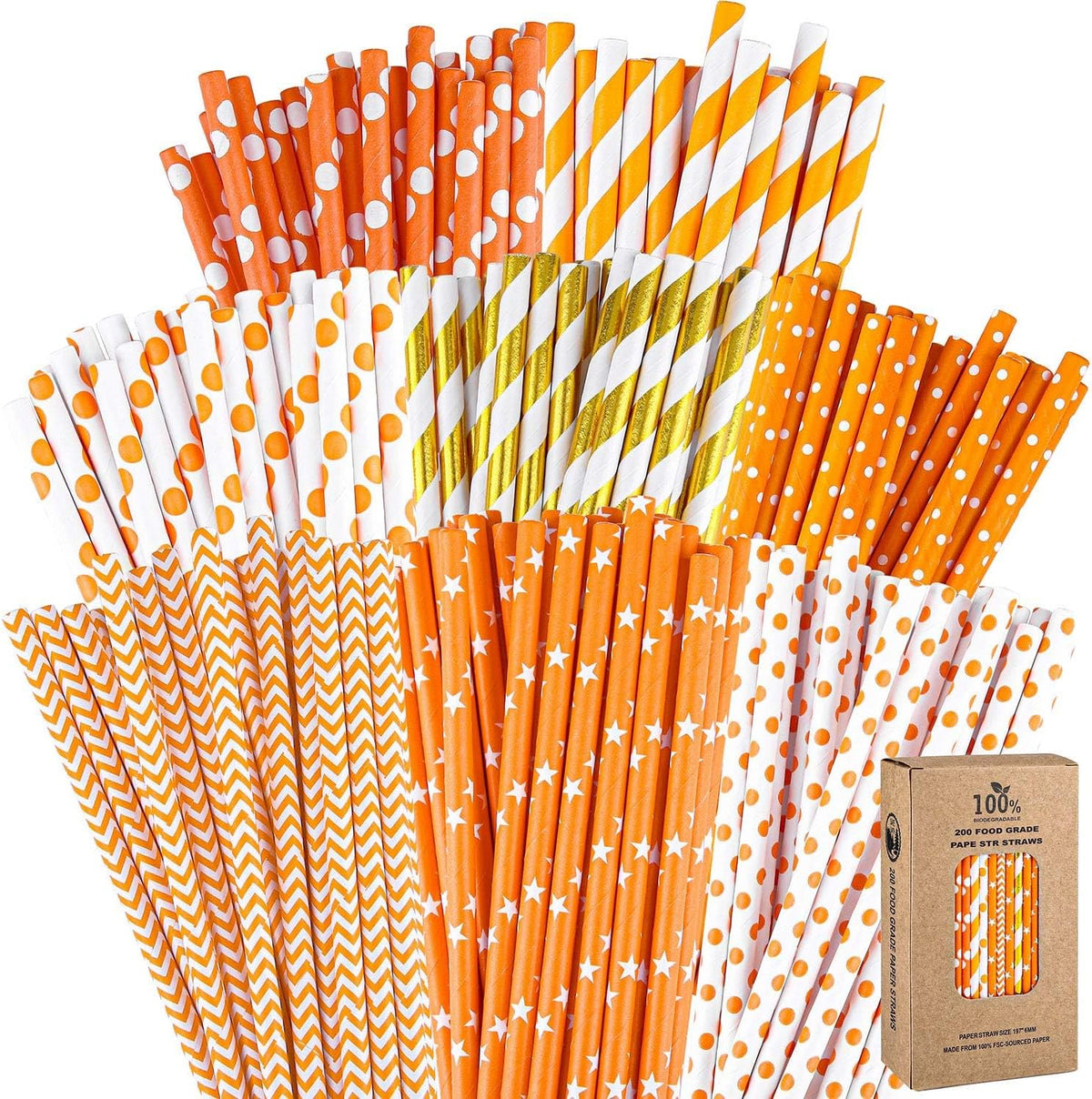 Cooraby 200 Pieces Thanksgiving Paper Straws Orange and Gold Assorted Paper Straws Biodegradable