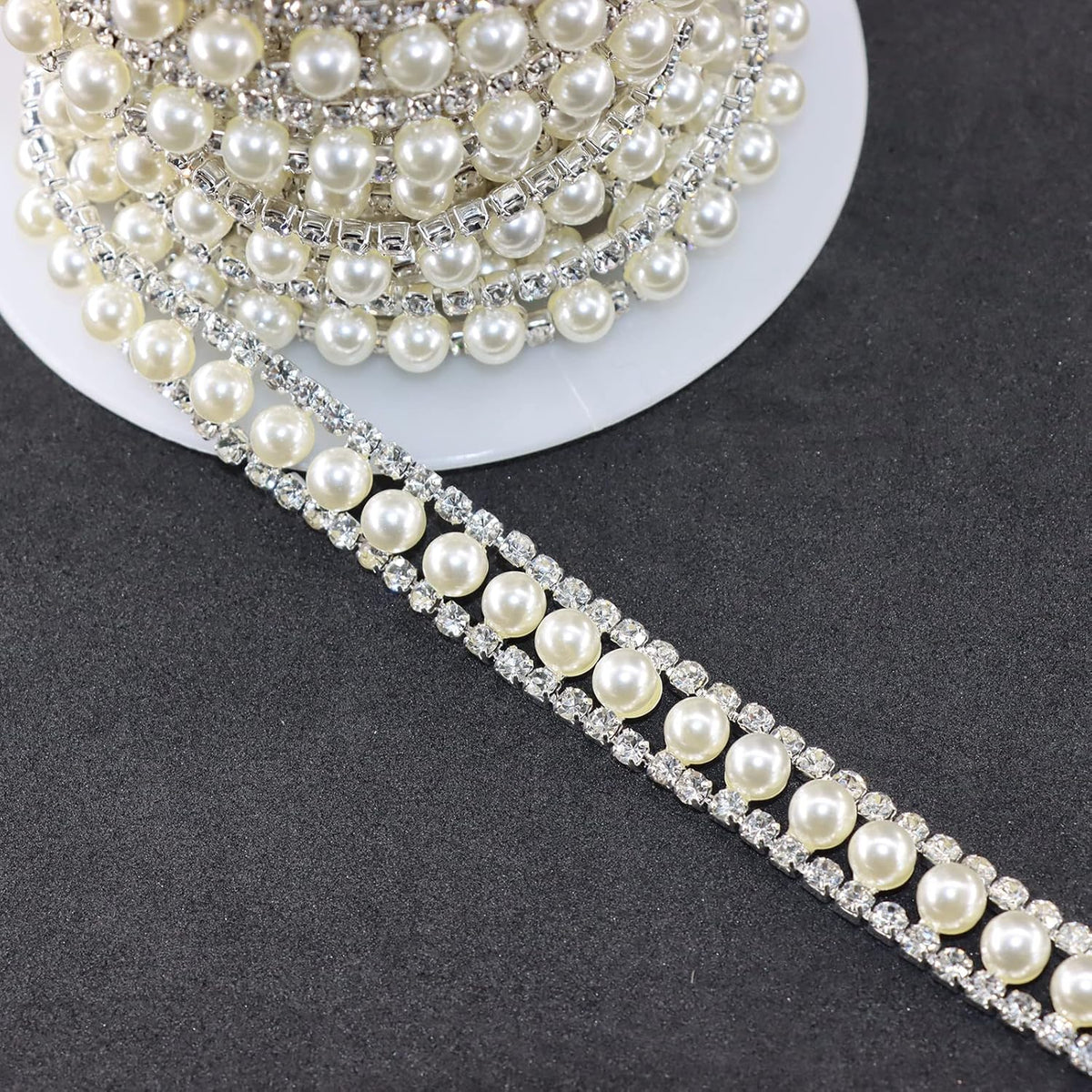 Jerler Rhinestone Trim Applique 1 Yard 2 Rows Crystal Chain Banding Diamond Inlaid White Pearl
