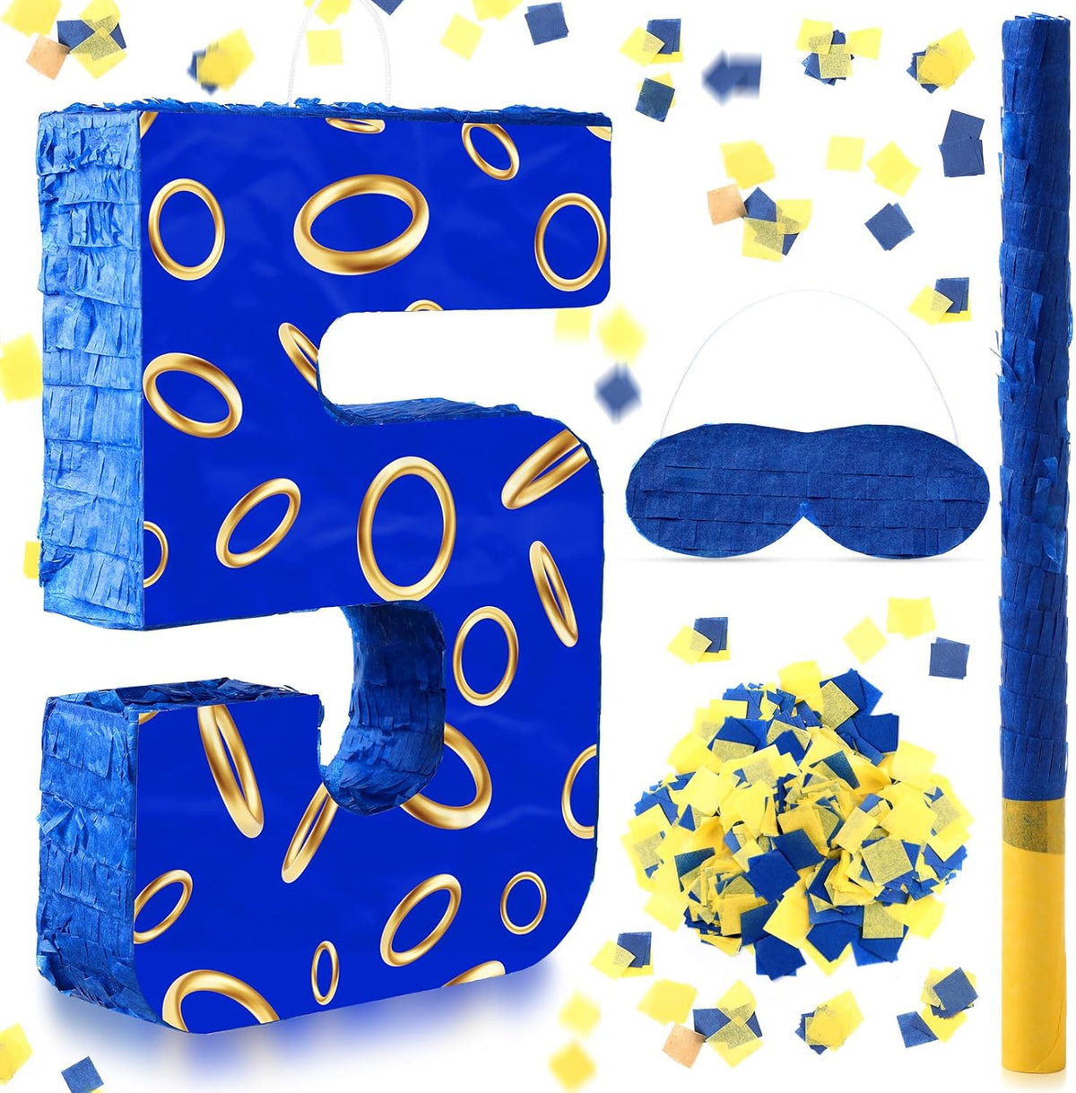 Number 5 Blue and Golden Rings Piñata for Kids Birthday Cartoon Theme Small Piñata with Blindfold