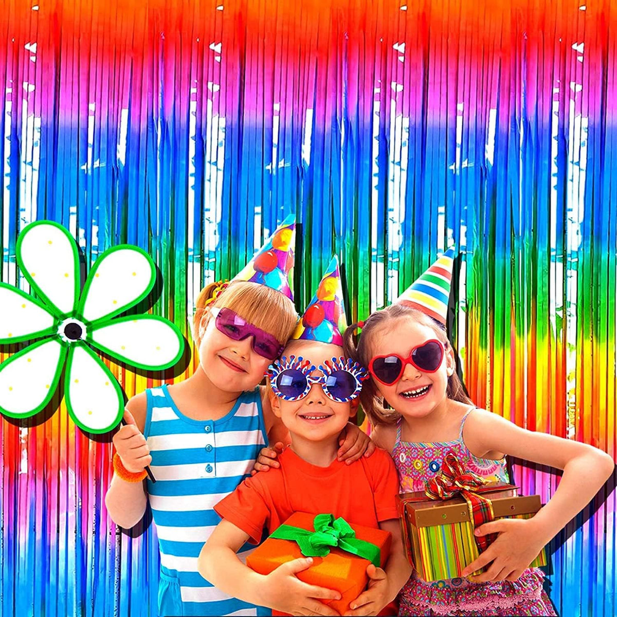 4 Pack Rainbow Tinsel Foil Fringe Curtain Backdrop, 3.28Ft x 8.2Ft Colorful Metallic Streamers for
