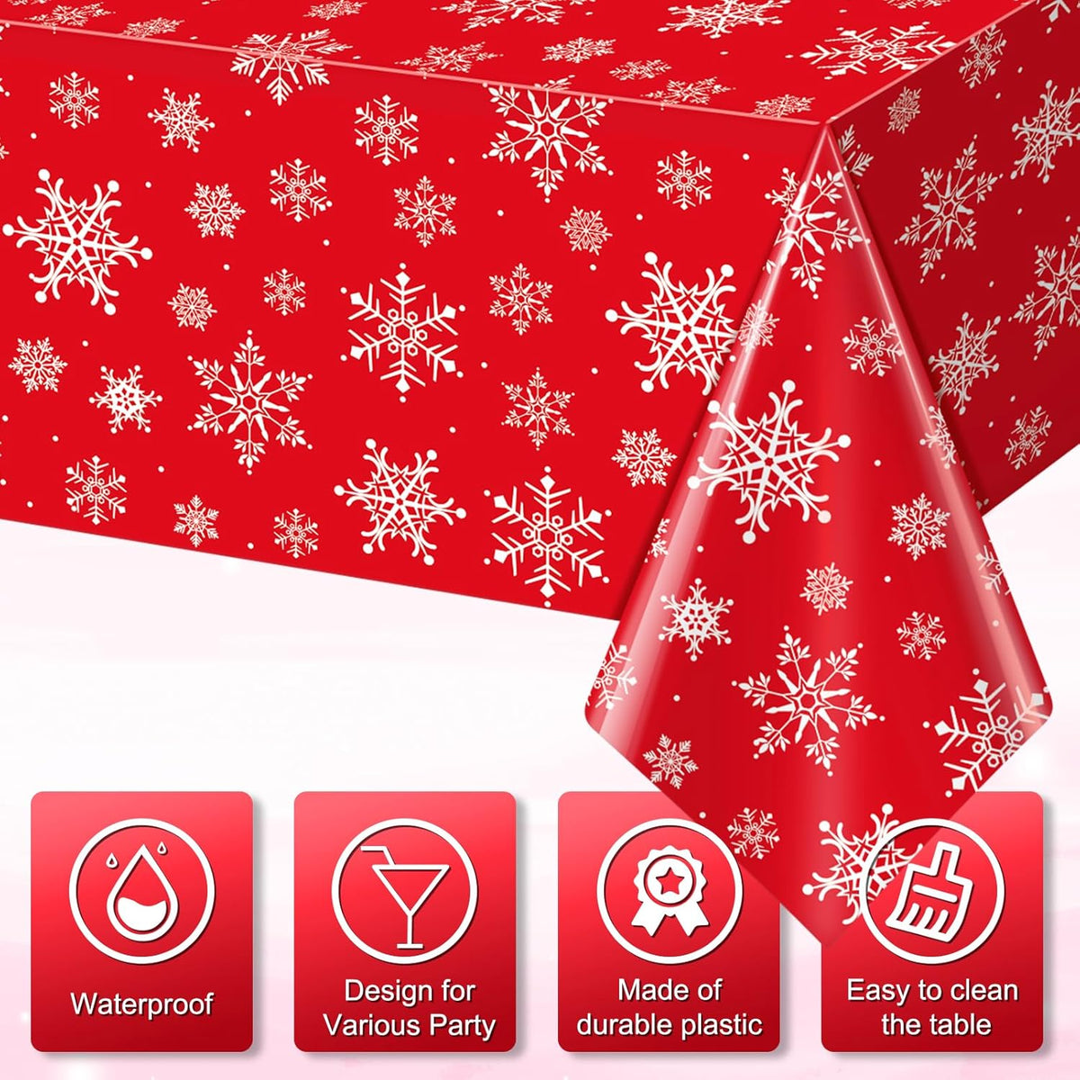 Jectivs 3 Pieces Christmas Snowflake Plastic Party Tablecloth Decorations,White Snowflake Red Xmas