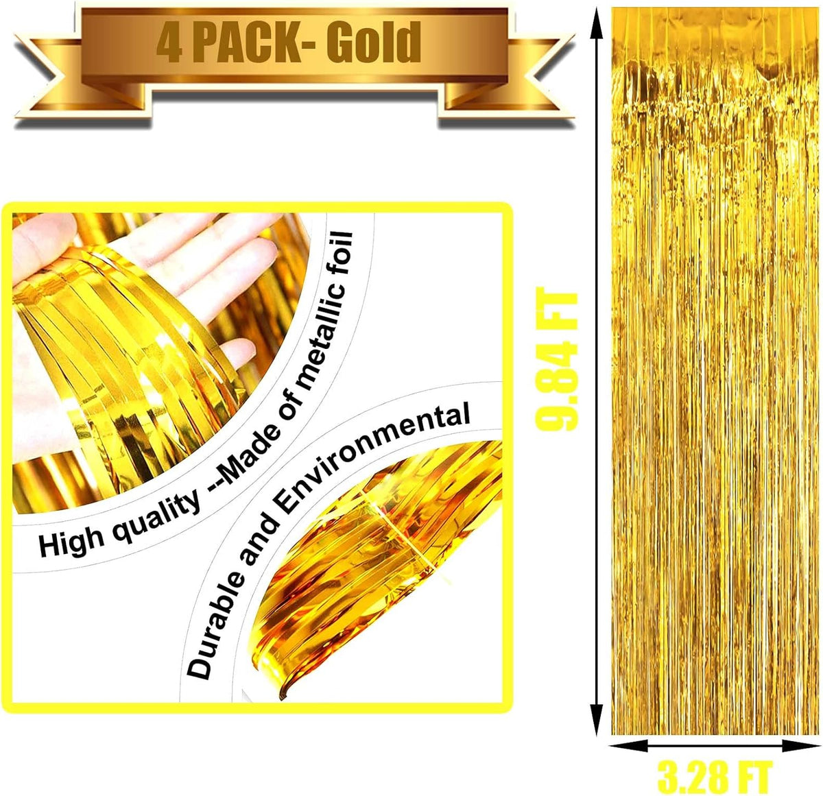 4 Pack Gold Foil Fringe Curtain Backdrop, 3.28Ft x 9.84Ft Metallic Tinsel Foil Fringe Streamers