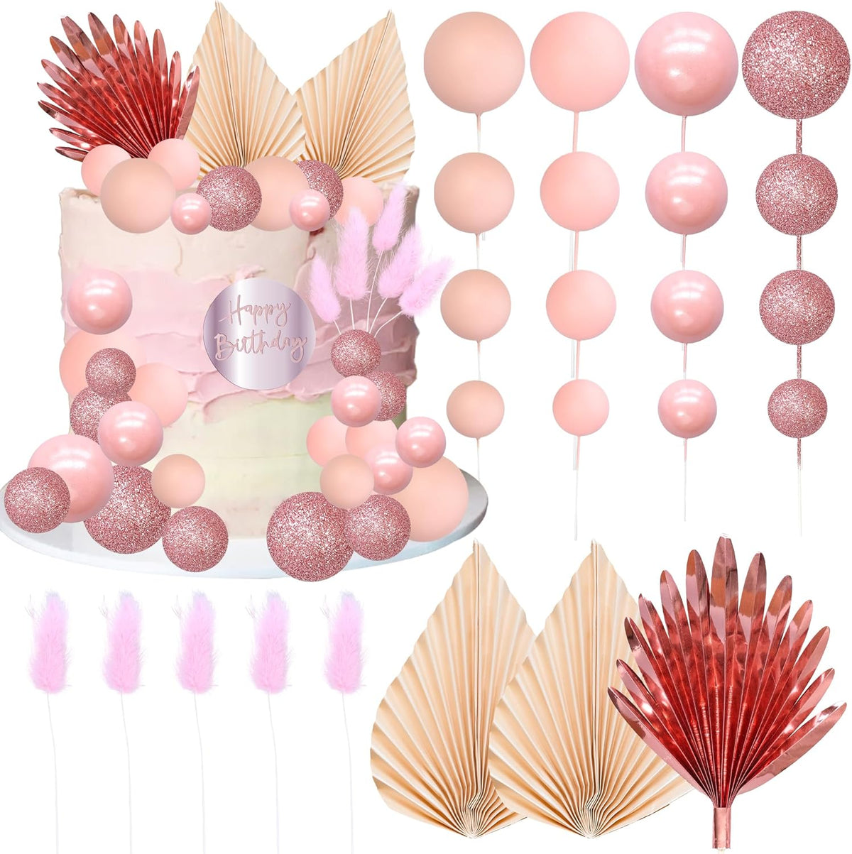 Ephlyn 33 Pack Balls Cake Toppers Boho Palm Leaves Cake Decorations Round Acrylic Happy Birthday