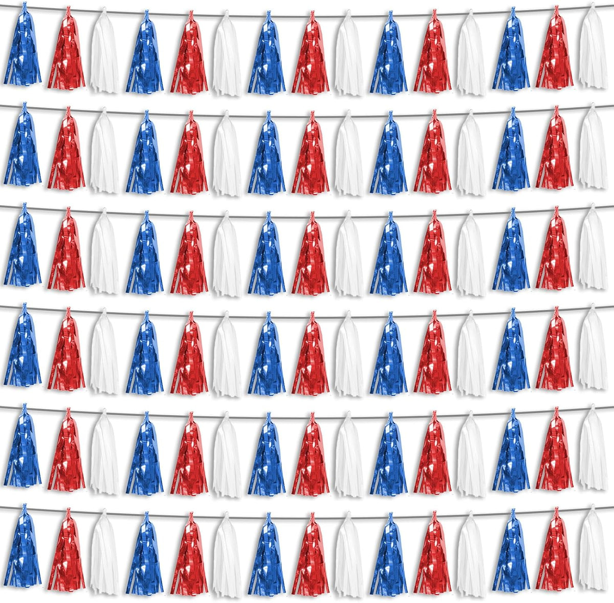 6P Red Blue White Foil Fringe Metallic Tassel Streamers Banner Tassel Garland for Parade Floats