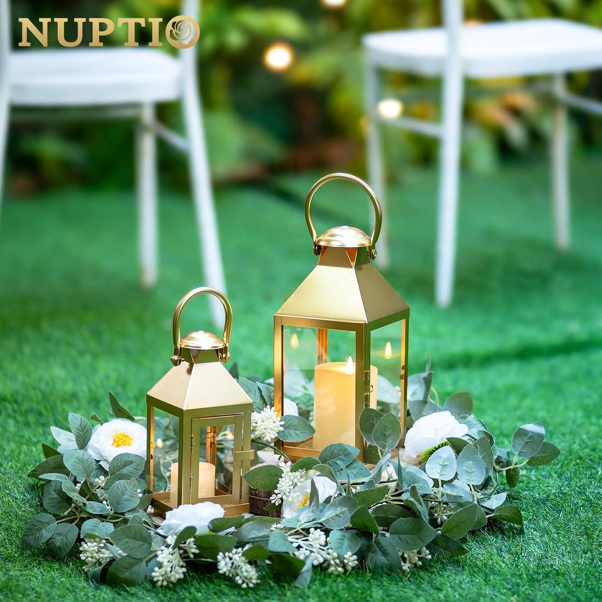 NUPTIO Gold Lanterns Decorative for Wedding: 11.2 Inch Tall Metal Lantern Decor with Glass