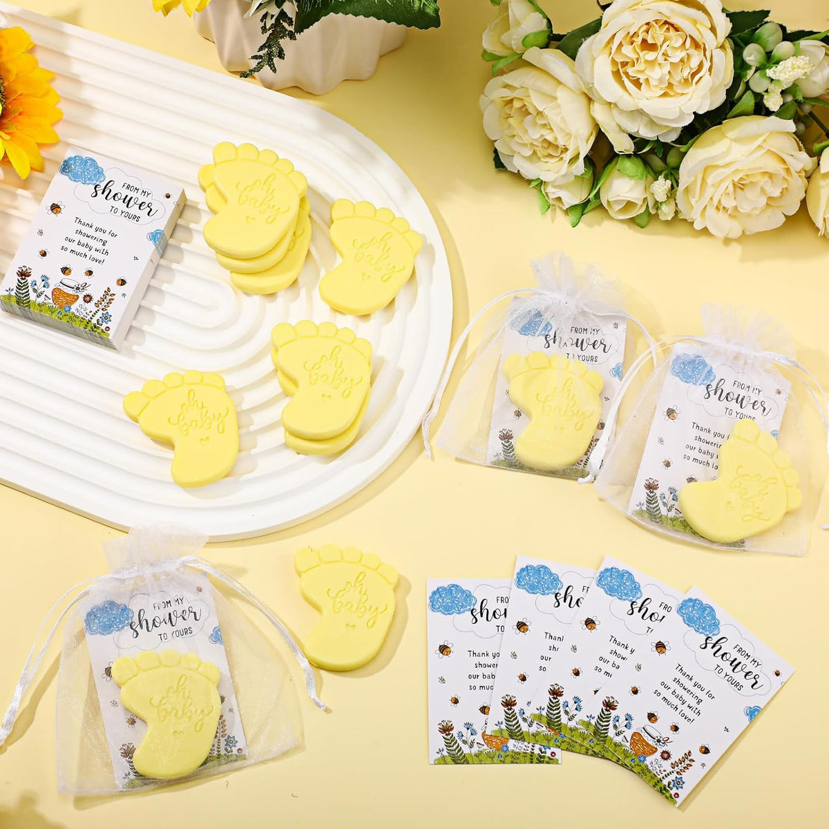 50 Sets Baby Shower Soap Favors for Guests - Mini Handmade Footprint Scented Soap with Thank You