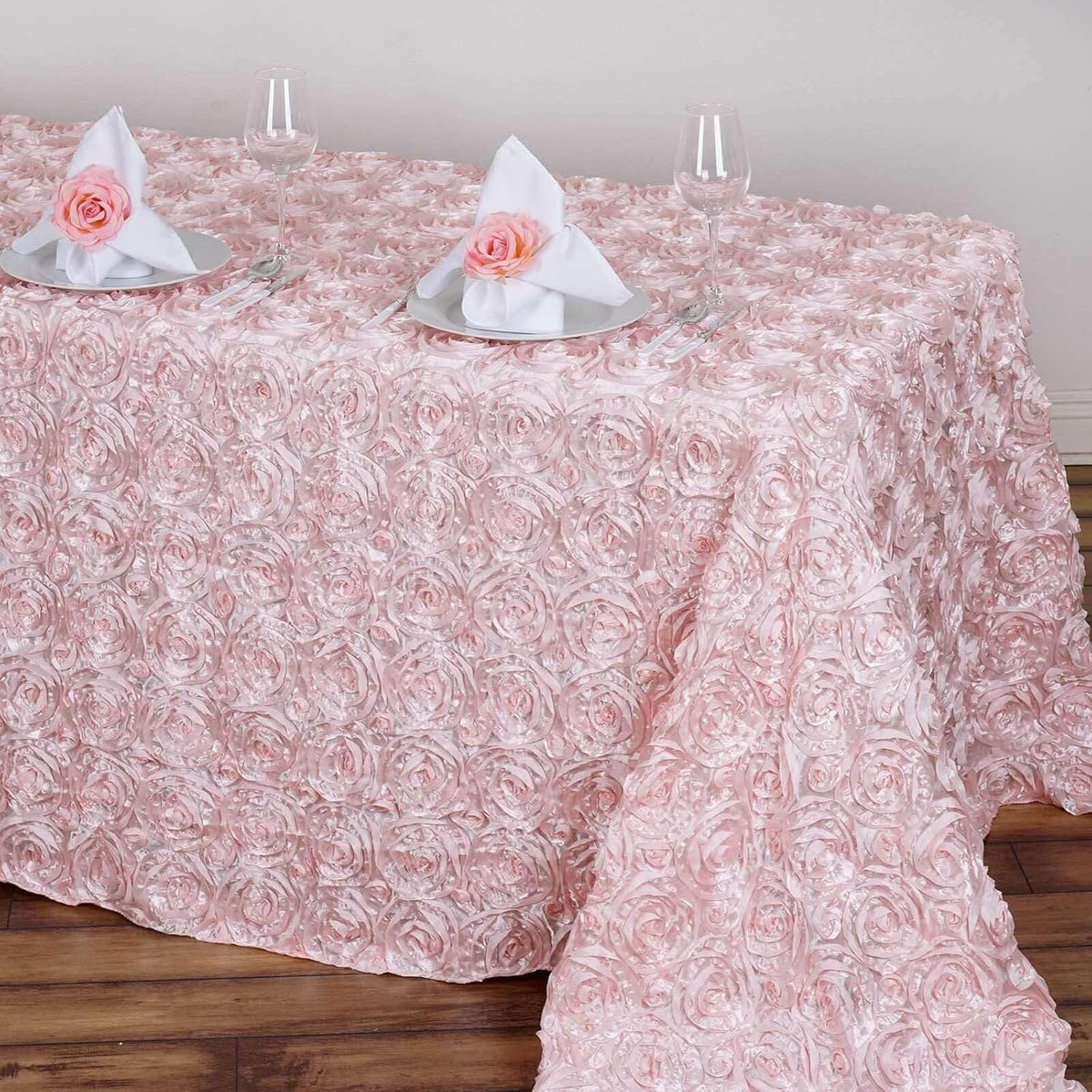 Efavormart 90"x132" Wholesale Rectangle Table Cover Blush Grandiose Rosette 3D Satin Tablecloth for