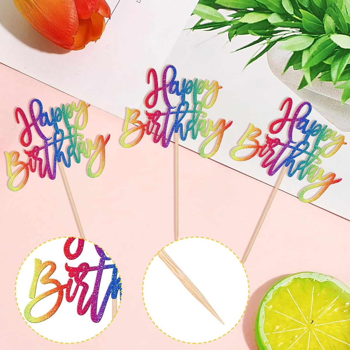 24 PCS Glitter Cupcake Toppers - Happy Birthday & Anniversary Picks for Celebrating Parties