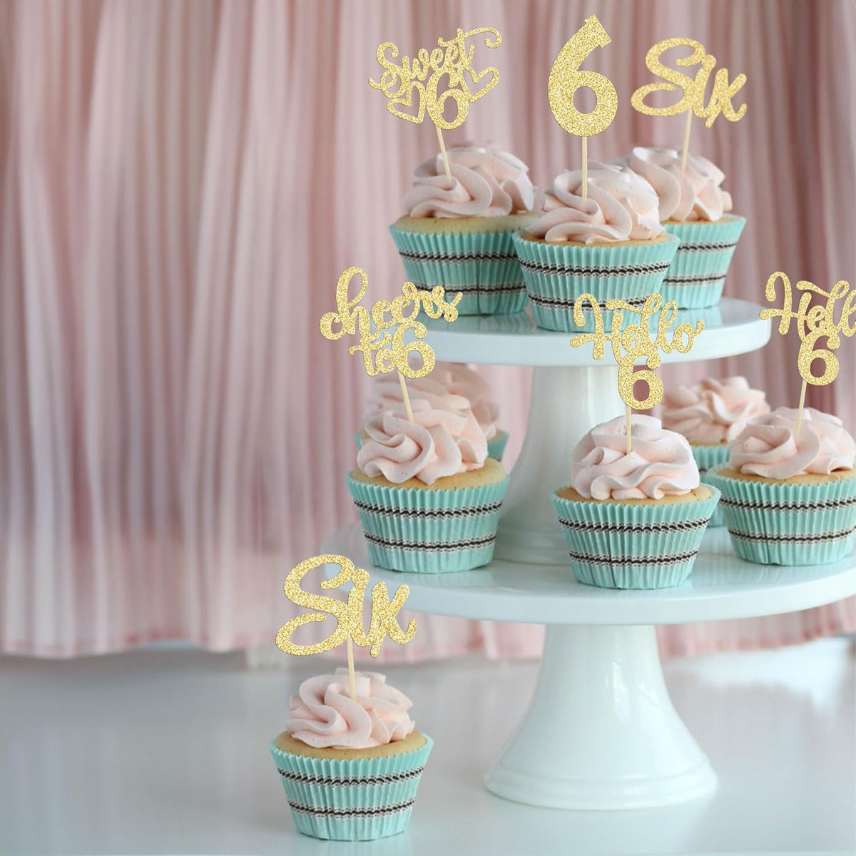 30Pcs 6th Birthday Cupcake Toppers Glitter Six Hello 6 Cupcake Picks Cheers to 6 Years Old Cake