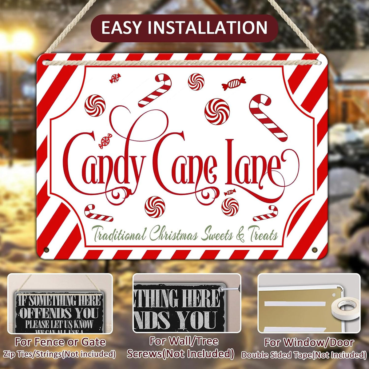 Christmas Candy Cane Lane Metal Tin Sign Traditional Christmas Sweets and Treats Winter Sign for
