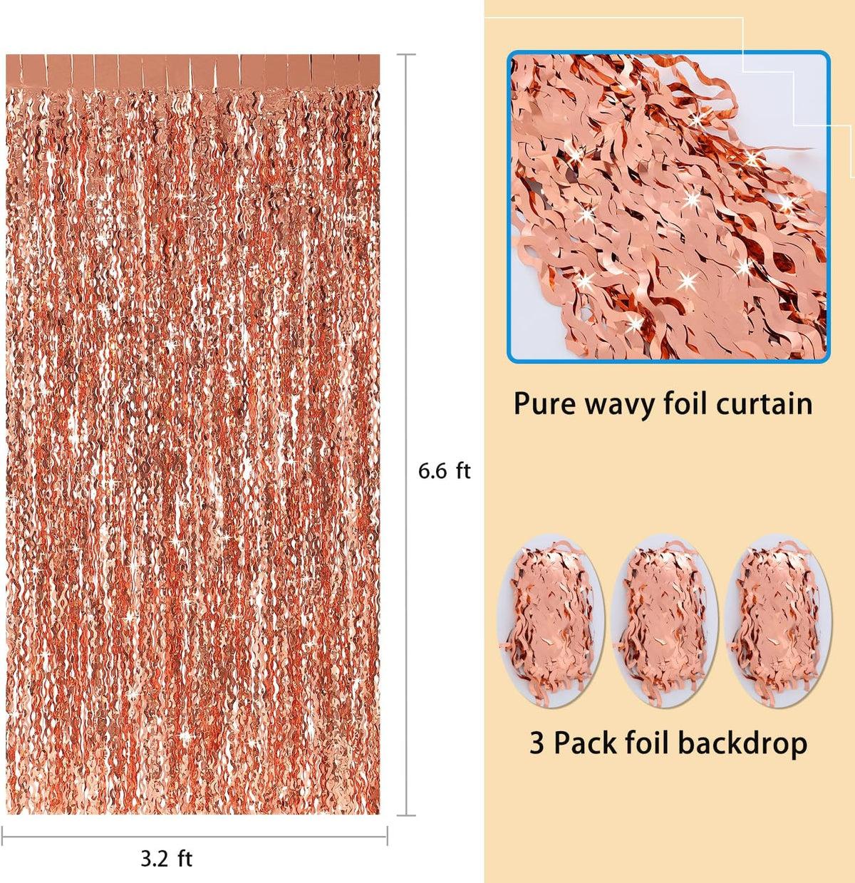Wavy Fringe Curtain - Rose Gold, 3.3 ft x 6.6 Feet, Pack of 3 | Party Decorations, Streamers for