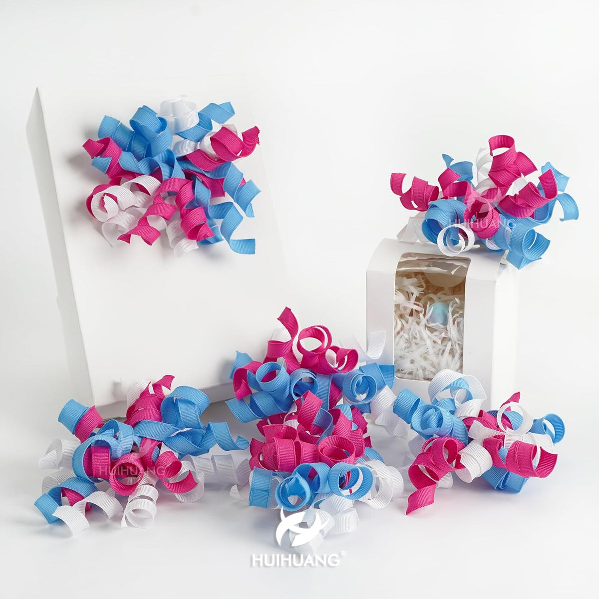 HUIHUANG Baby Shower Bows for Gift Wrapping, Blue/Pink/White Curly Ribbon Bows Self Adhesive Burst