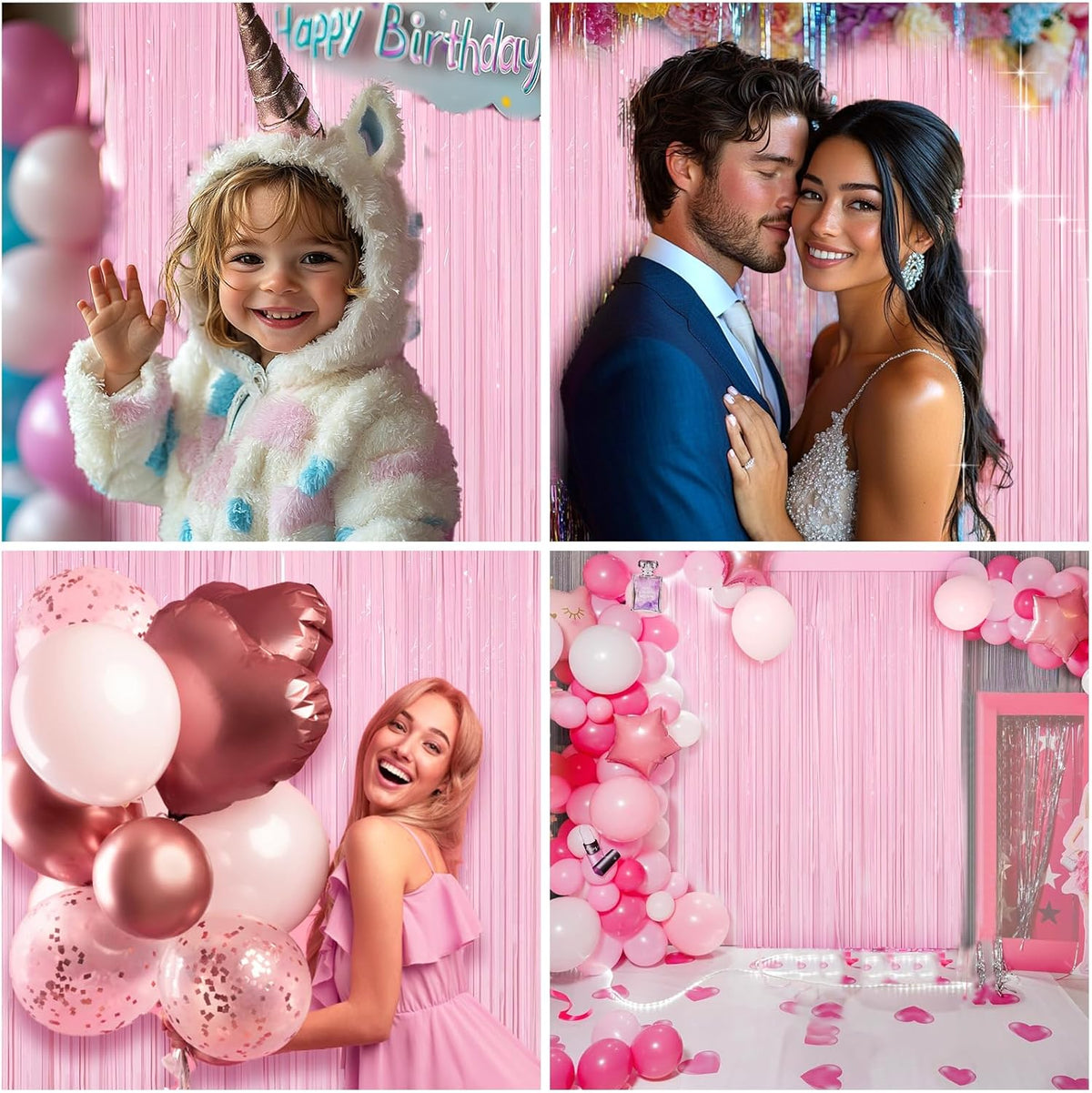 4 Packs Pastel Pink Foil Fringe Curtain, Baby Pink Metallic Tinsel Backdrop for Birthday, Wedding