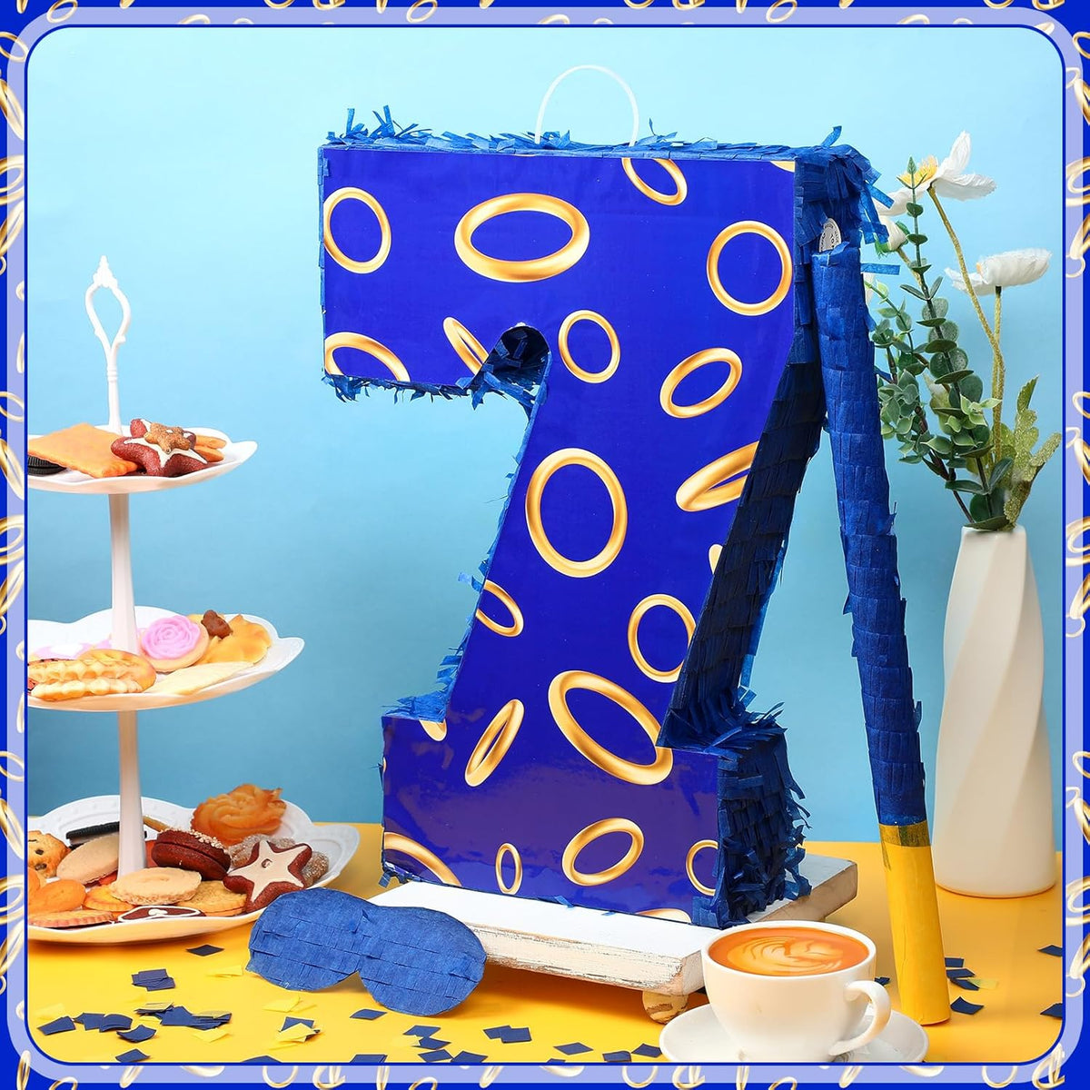 Number 7 Blue and Golden Rings Piñata for Kids Birthday Cartoon Theme Small Piñata with Blindfold