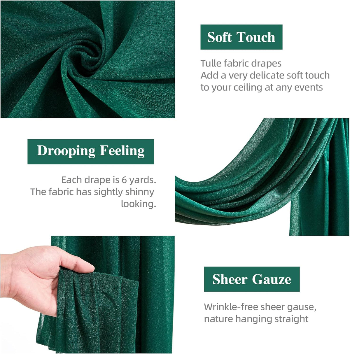 Wedding Arch Draping Fabric, 2 Panels 28" x 19Ft Emerald Green Arch Drapes Sheer Backdrop Curtain