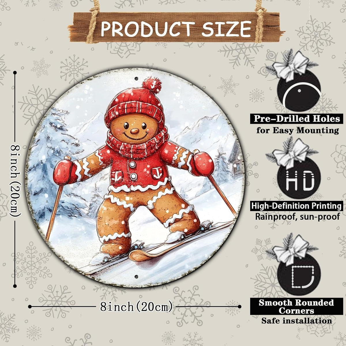 Round Gingerbread Man Ski Vintage Metal Sign Skiing Sign, Office Sign Home Décor Ski Lodge Décor