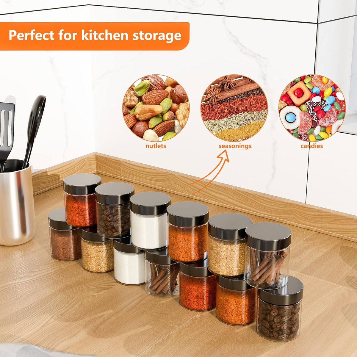 84PCS 4oz/125ml Plastic Jars with Screw On Black Lids Seal Stickers Bottle Lid,Clear Container for