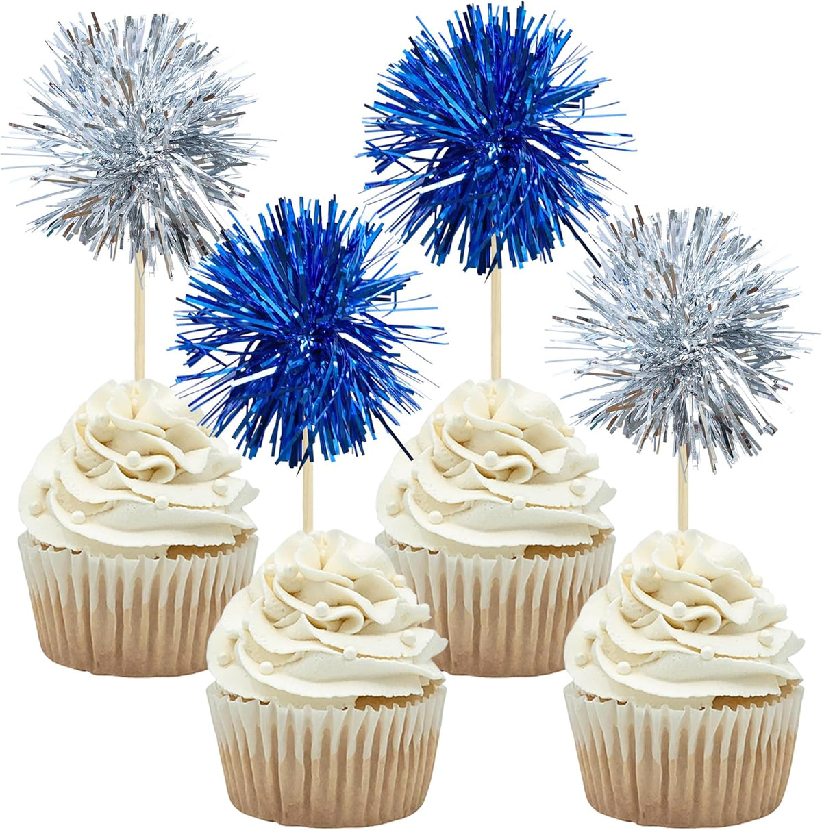 Gyufise 30Pcs Foil Firework Cupcake Toppers Sparkle Tinsel Cake Toppers Tinsel Drink Cake