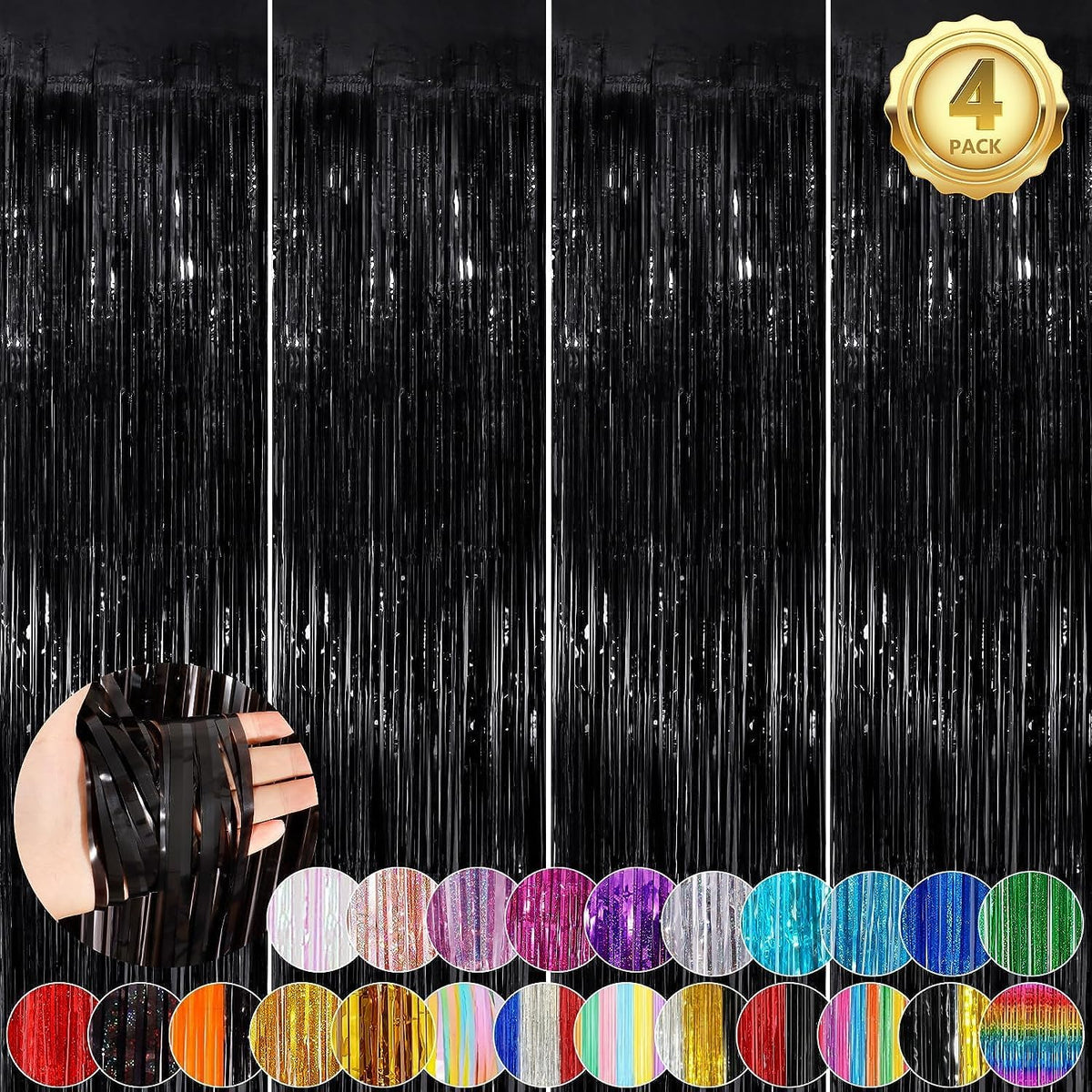 Black Fringe Curtain Party Streamers 4Pack 3.3 x 8.3 Ft Foil Fringe Backdrop Curtains for Birthday