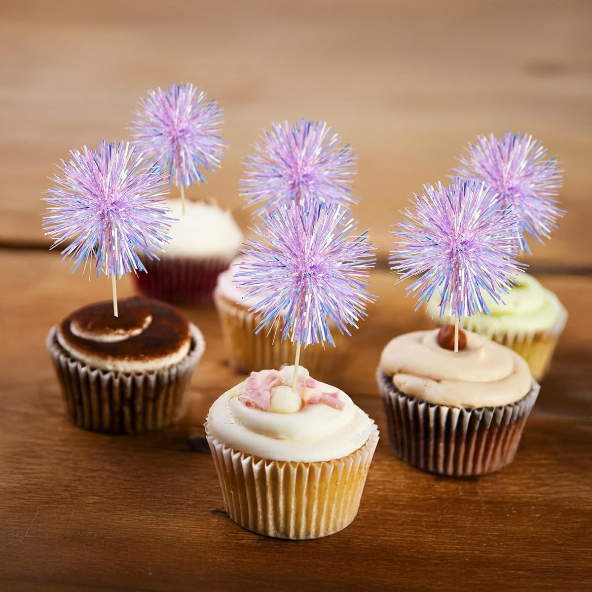Gyufise 30Pcs Foil Firework Cupcake Toppers Sparkle Tinsel Cake Toppers Tinsel Drink Cake