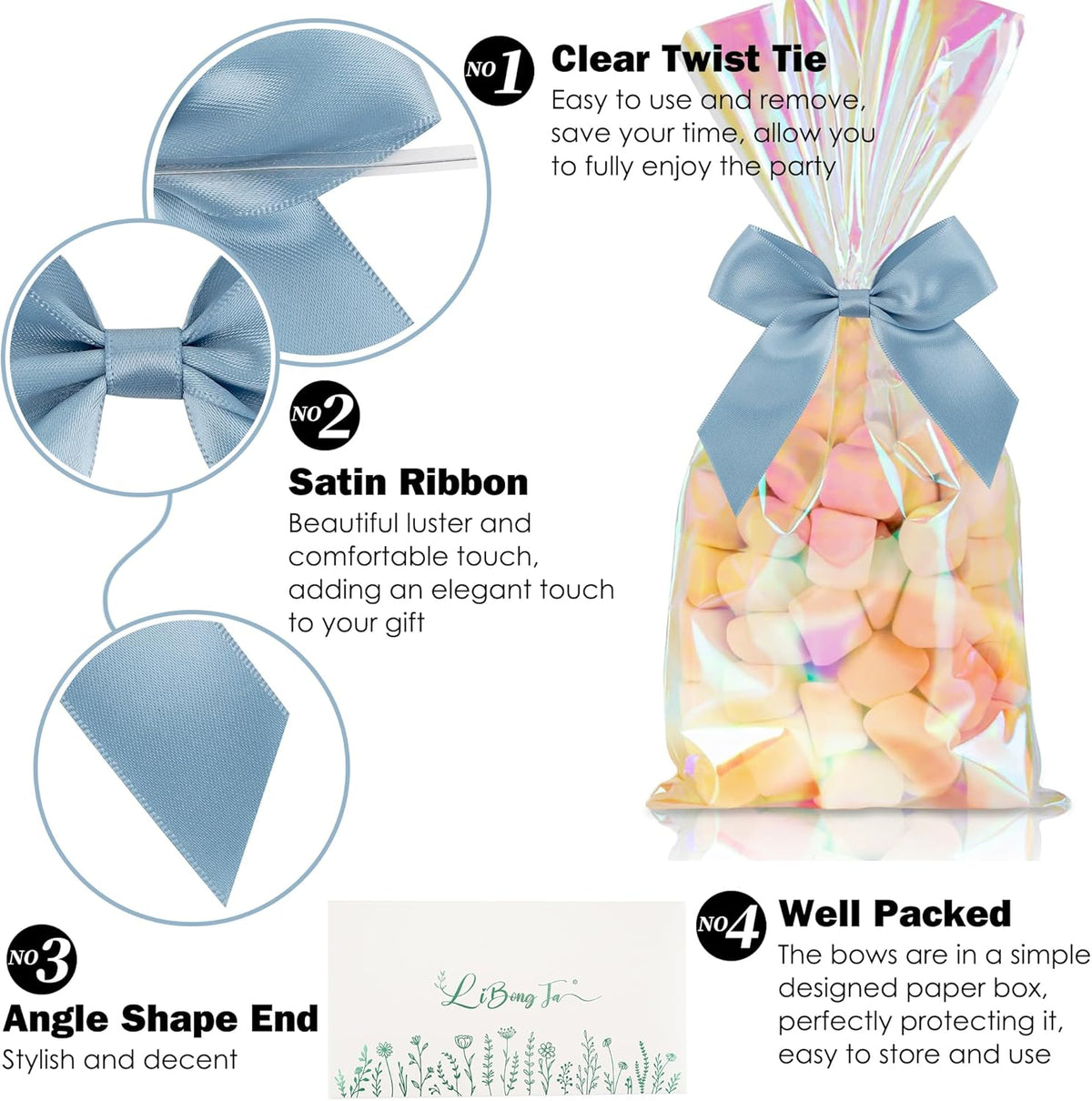 3.5" Dusty Blue Bow Satin Pre-Tied Bows for Gift Wrapping, Small Bows for Crafts, Premade Bows