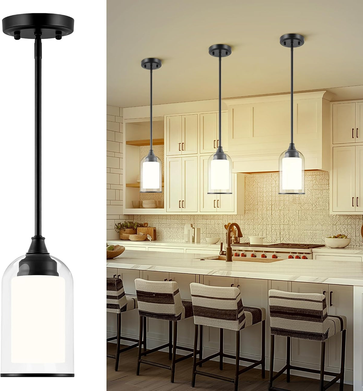 LIROUVET Black Pendant Light Fixtures - Dual Glass Hanging Light, 1-Light Pendant Lights with Clear