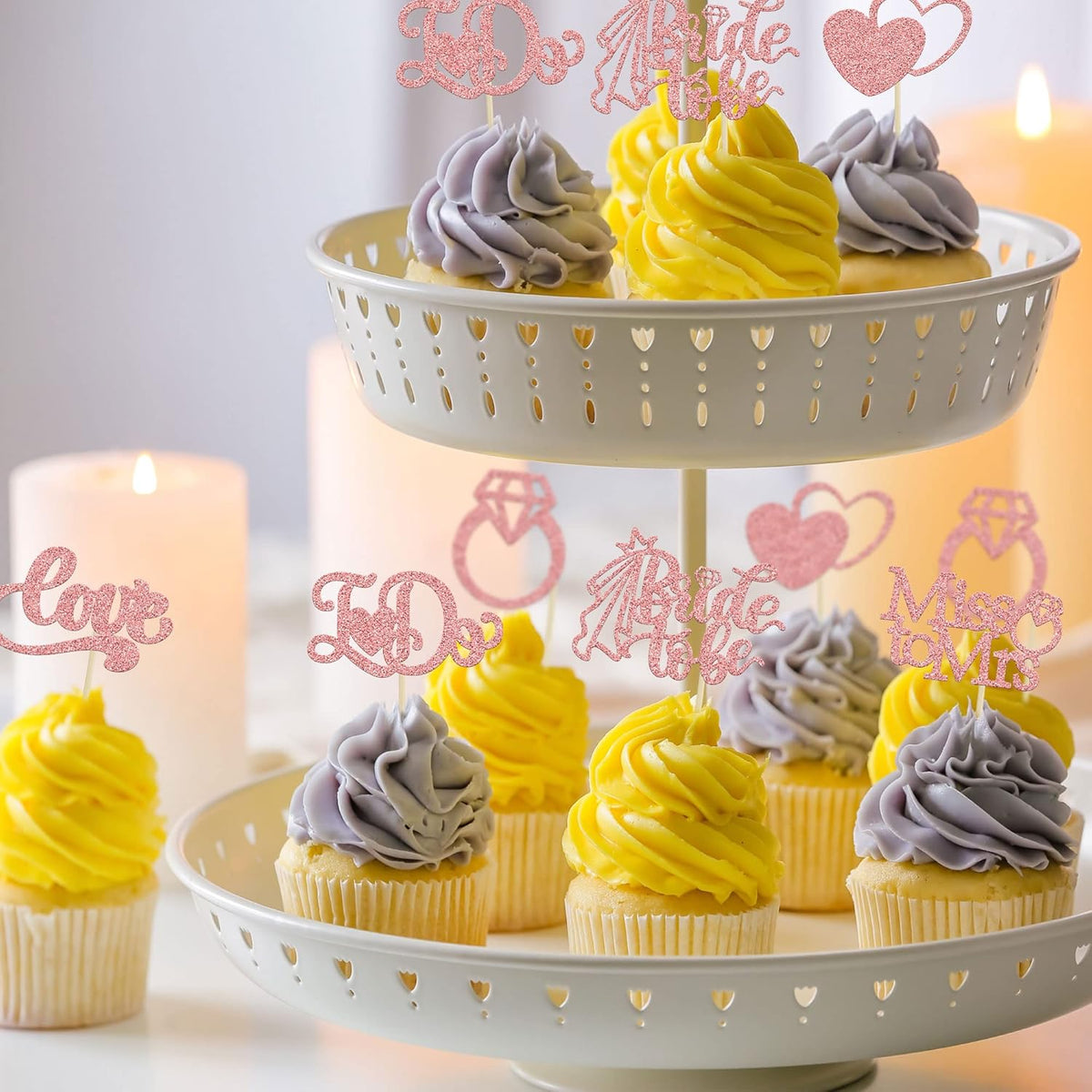Gyufise 24Pcs Bride to Be Cupcake Toppers Rose Gold Glitter I Do Love Heart Ring Miss To Mrs