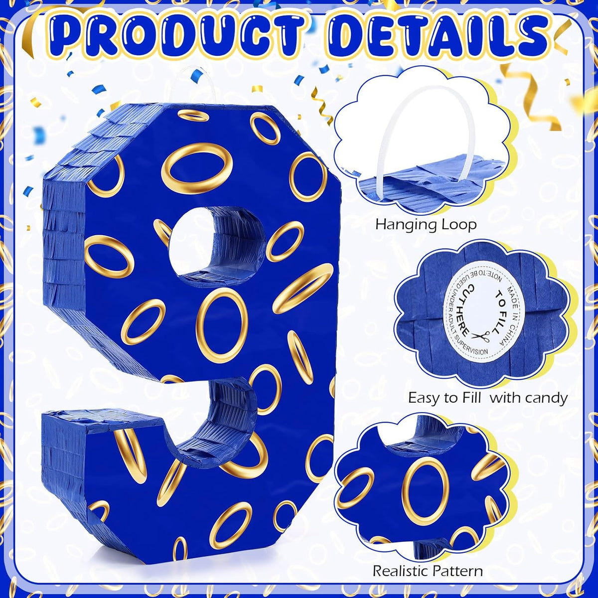Number 9 Blue and Golden Rings Piñata for Kids Birthday Cartoon Theme Small Piñata with Blindfold
