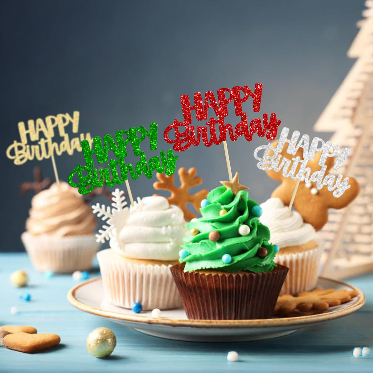 Gyufise 24Pcs Happy Birthday Cupcake Toppers Glitter Birthday Cupcake Food Picks for Celebrating