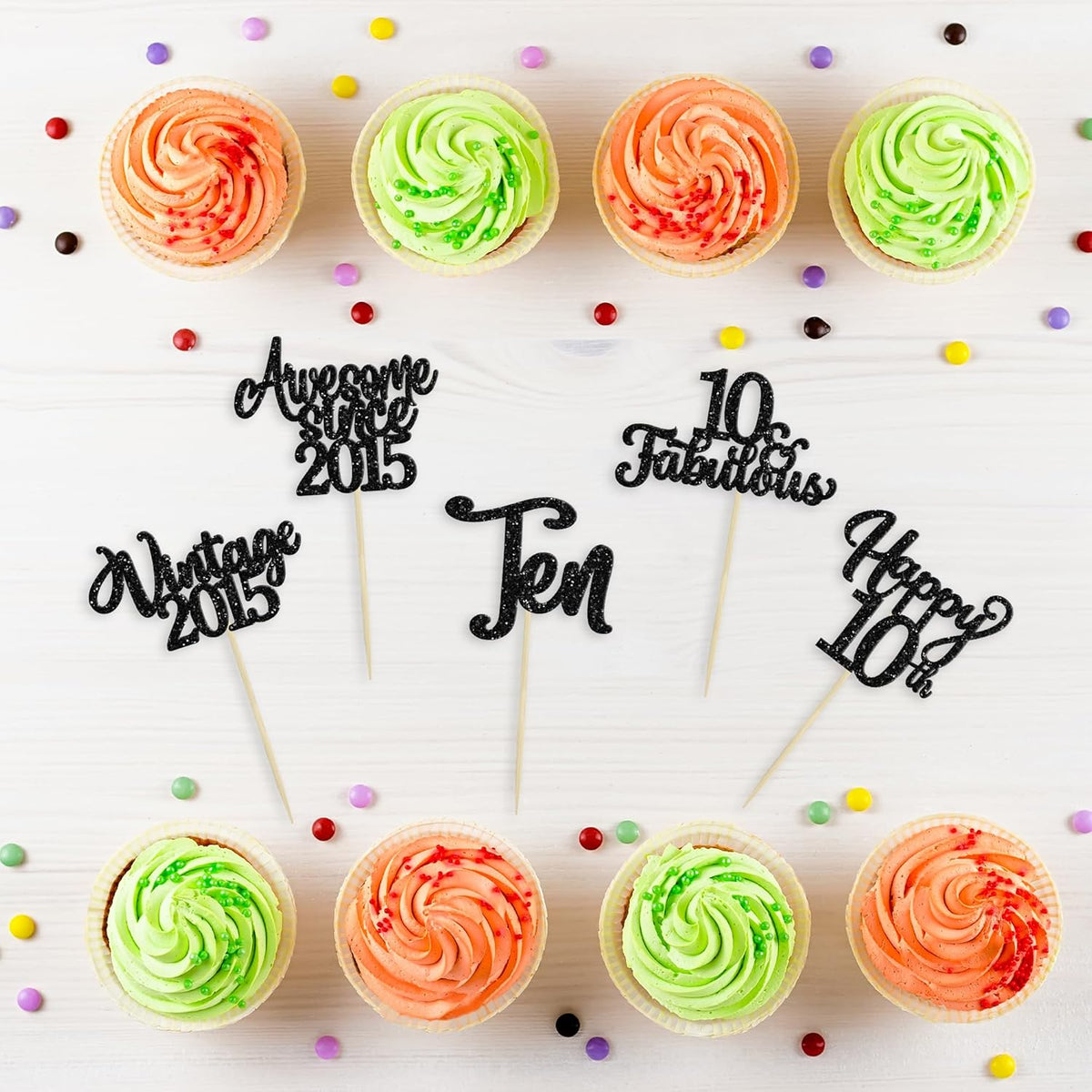 30Pcs Happy 10th Birthday Cupcake Toppers Glitter Ten Vintage 2015 Cupcake Picks Cheers to 10