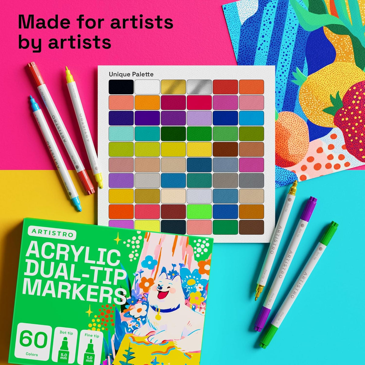 ARTISTRO 60 Dual Tip Acrylic Paint Markers, Acrylic Paint Pens, Fabric Markers for Textile, Rock