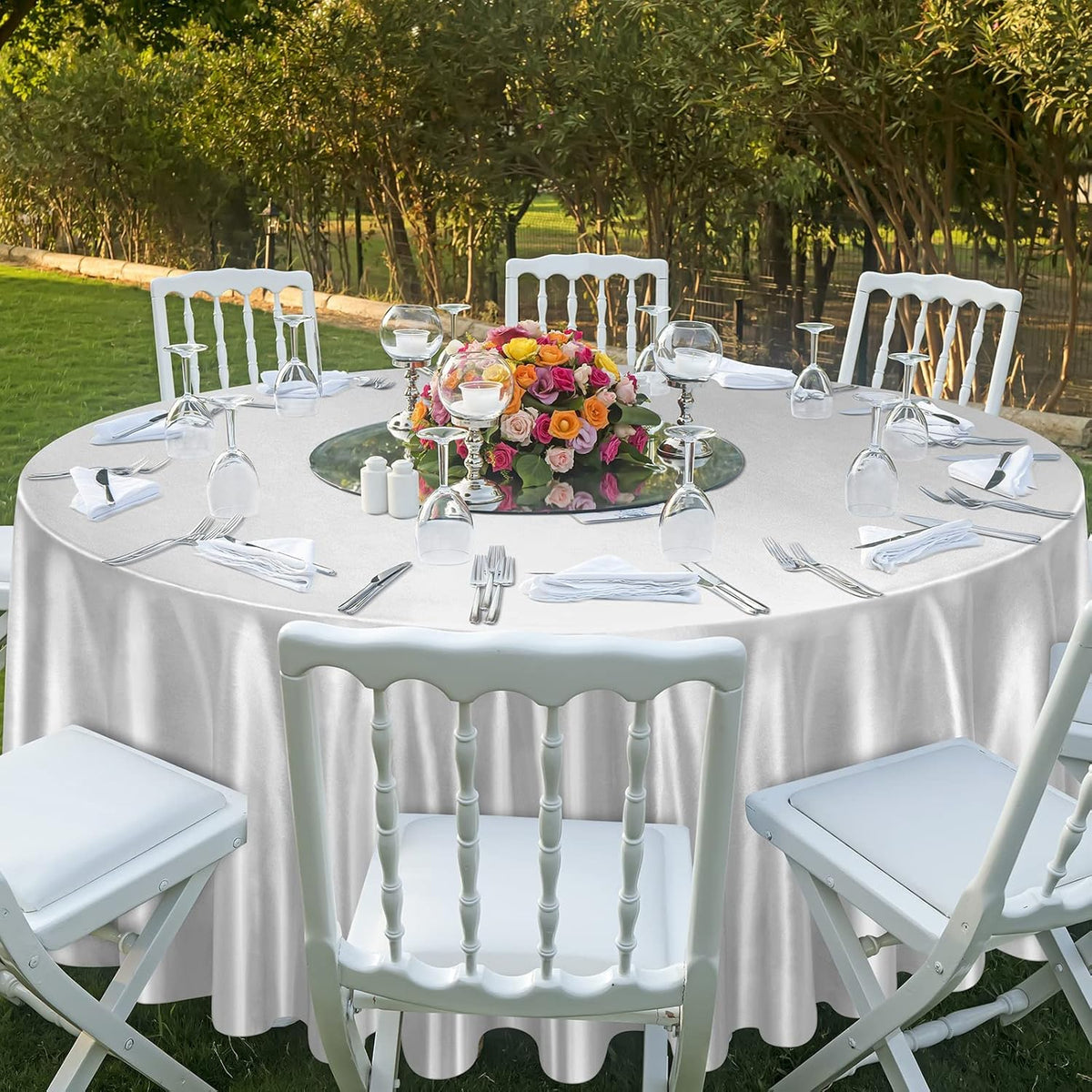 Ruisita 120 Inches Round Satin Tablecloths Silver Overlay Round Satin Table Cover Bright Silk