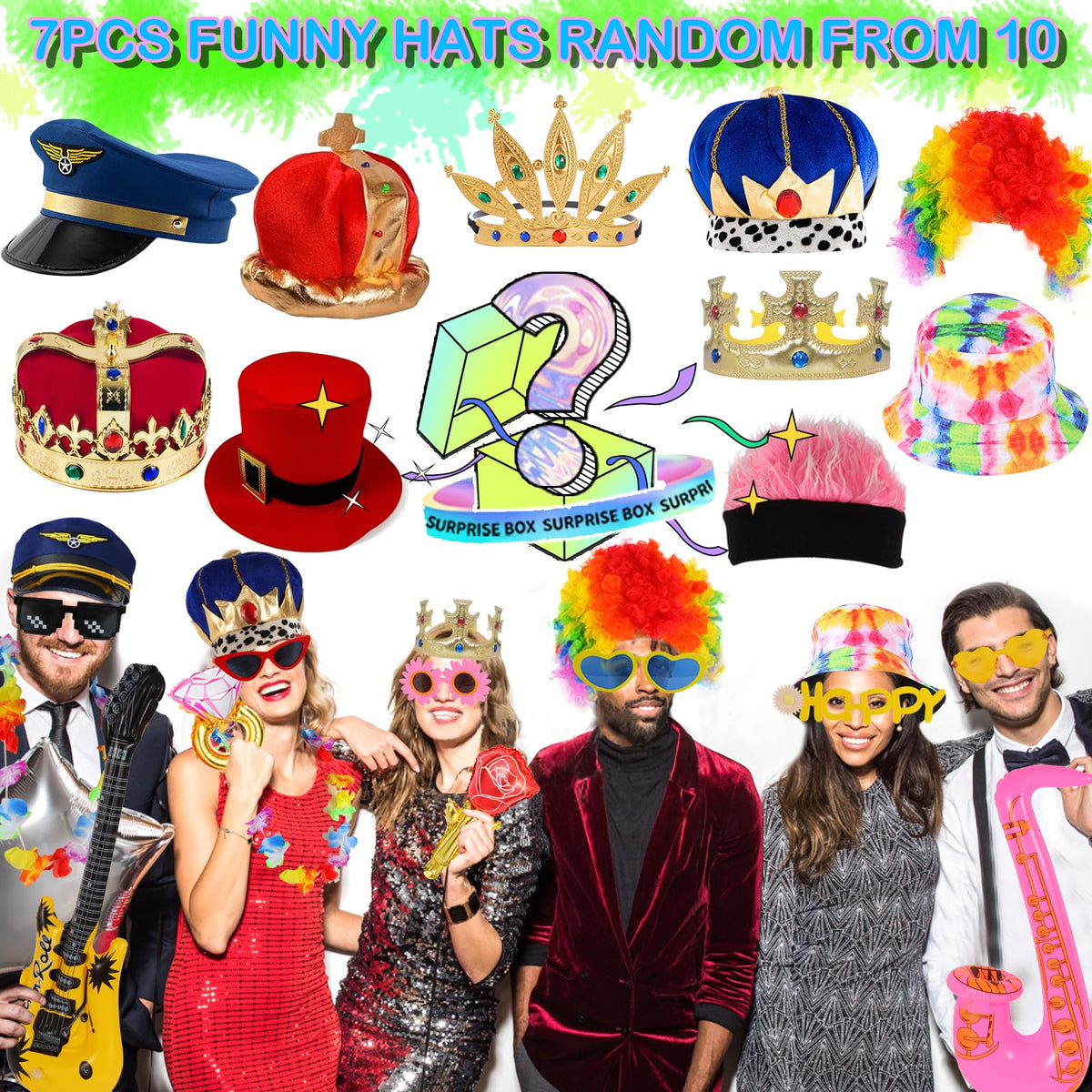 Bulk Opulent Photo Booth Props Set for Adult, Novelty Funny Hats and Glasses, Colorful Wig