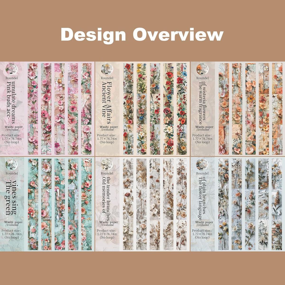 Vintage Floral Washi Tape Set ??6 Rolls, 2M Non-Repeating Flower Collage Designs, Decorative Craft