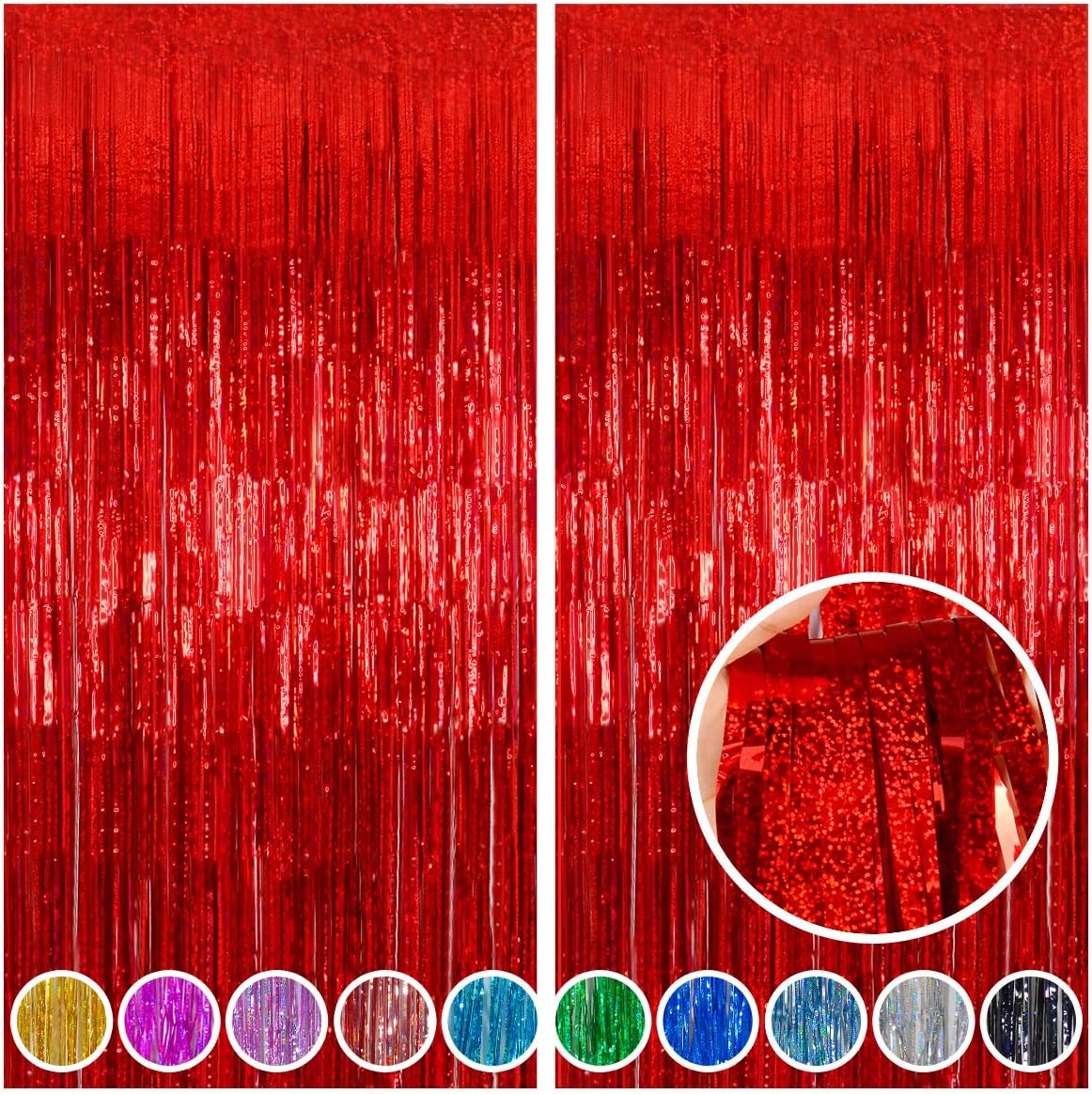 Melsan 2 Pack Red Tinsel Foil Fringe Curtains Backdrop, Sparkle Tinsel Backdrop Curtains for Fourth