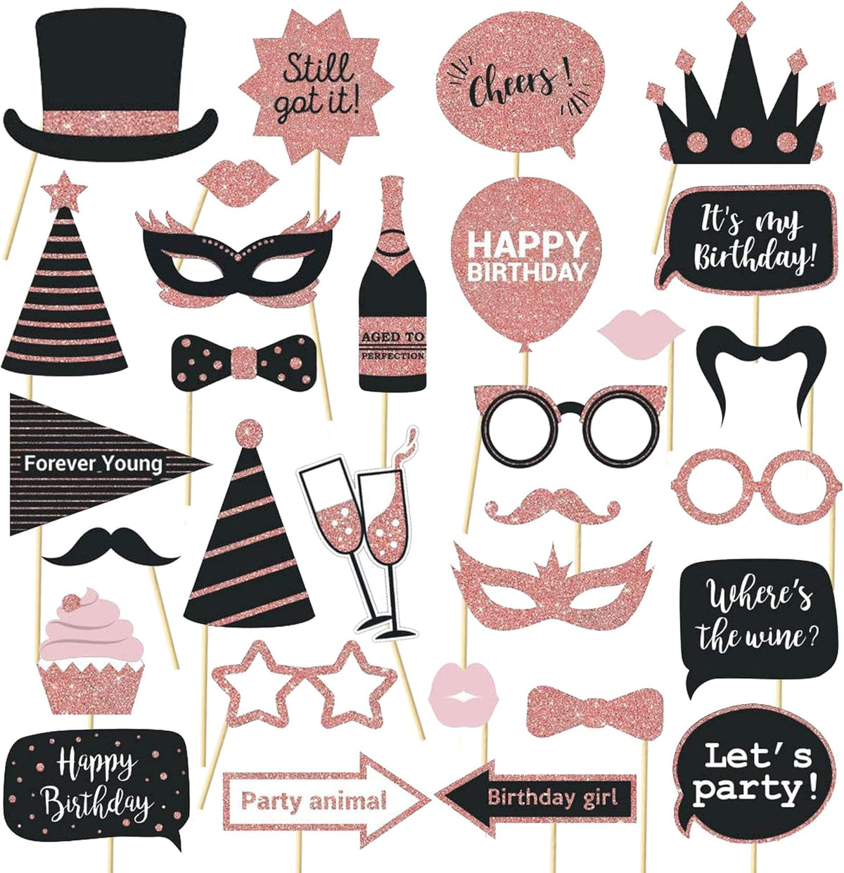 Party Birthday Photo Booth Props, 30Pcs Set of Happy Birthday Selfie Party Supplies with Real