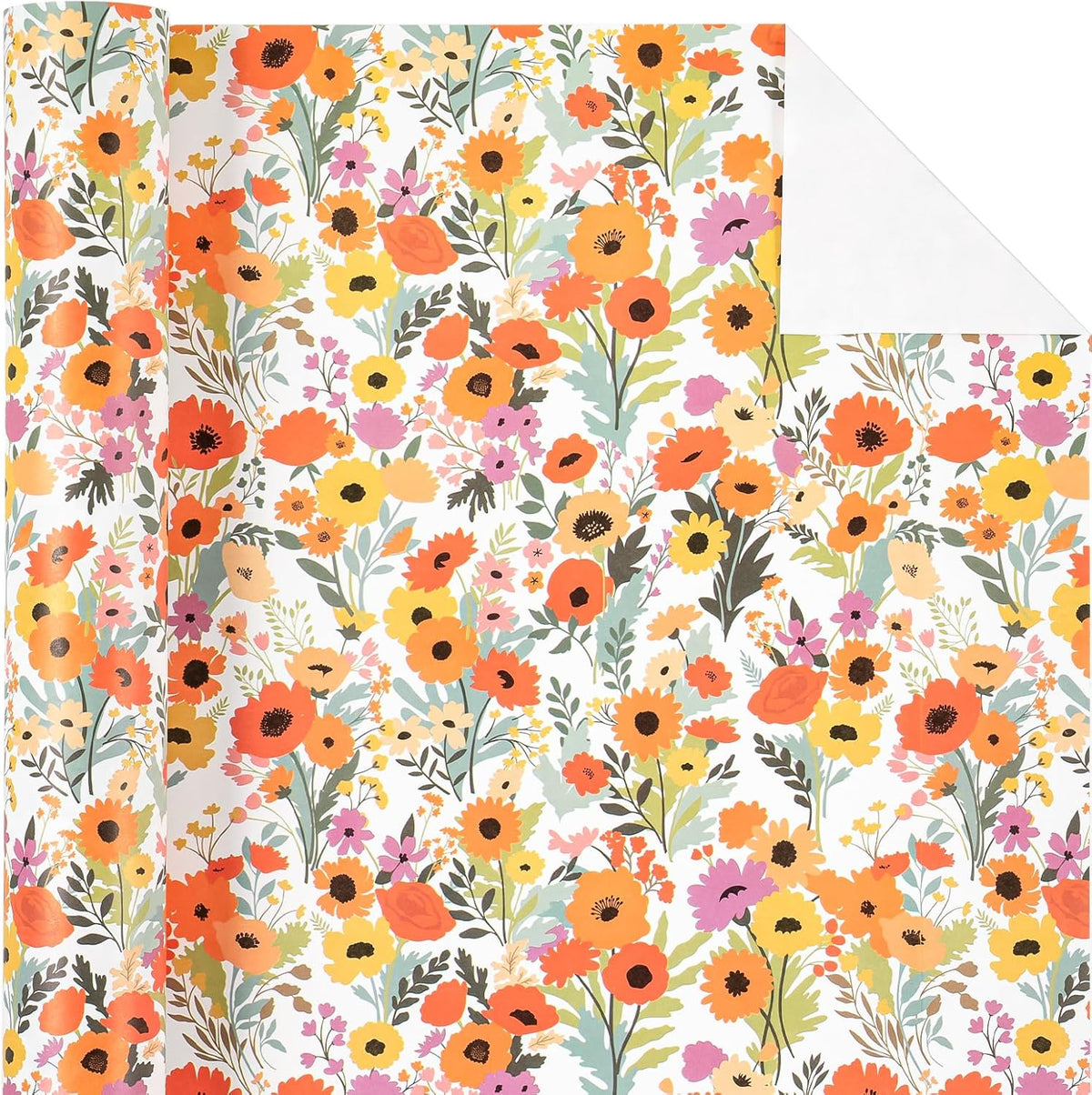 WRAPAHOLIC Kraft Floral Wrapping Paper Roll - Mini Roll - 17 Inch x 9.8 Feet - Bright Summer Flower