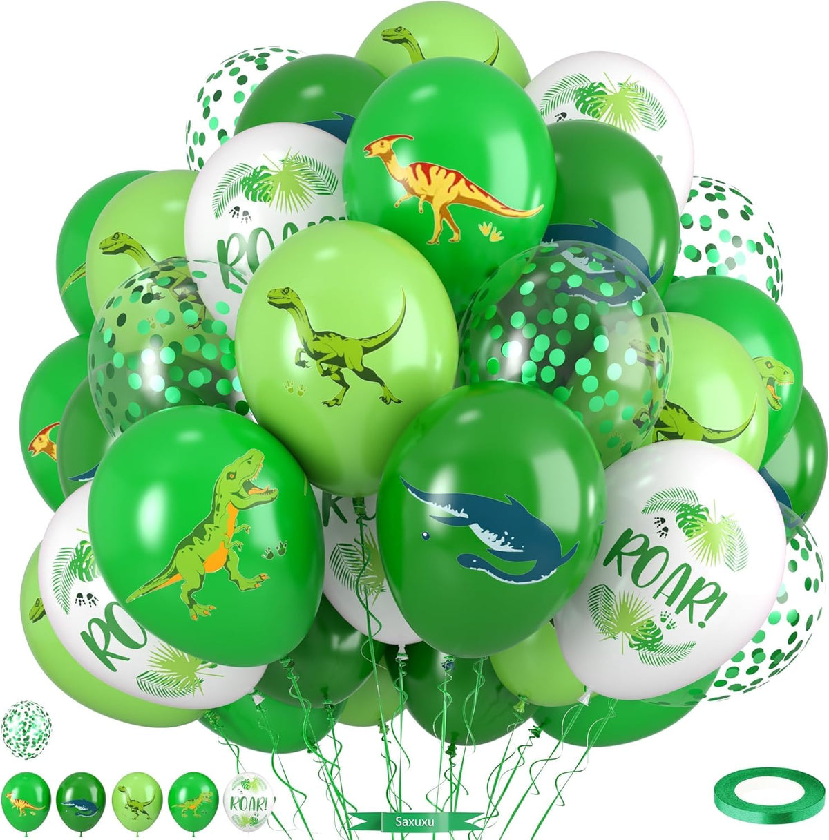 Dinosaur Balloons, 12 Inch Dark Fruit Light Green White Dinosaur Printed Latex Balloons for Boy