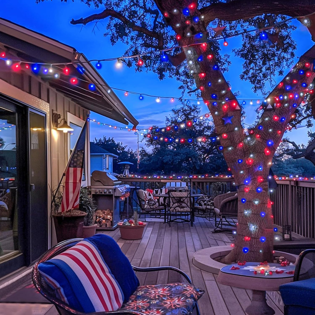 JMEXSUSS 600 LED Red White and Blue Lights Outdoor Plug in, 4th of July Decorations Outdoor Lights
