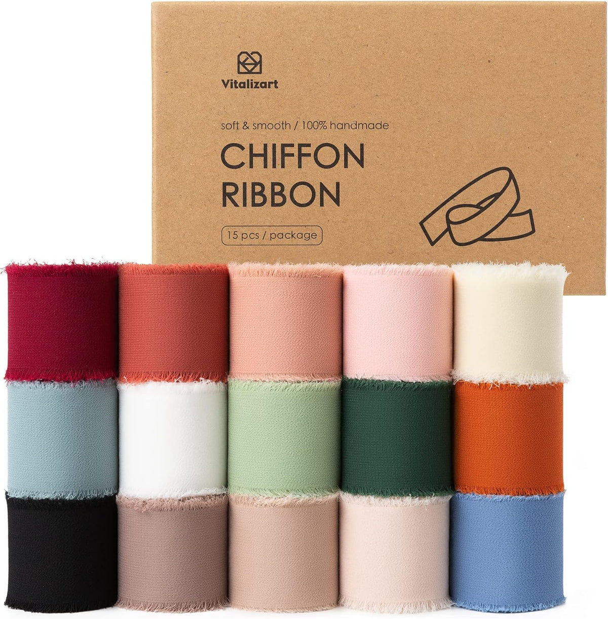 Vitalizart Chiffon Silk Ribbon 1 1/2 Inch x 75 Yd Handmade Frayed Edge Assorted Ribbons for Gift
