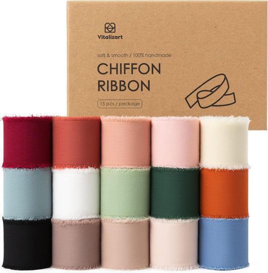 Vitalizart Chiffon Silk Ribbon 1 1/2 Inch x 75 Yd Handmade Frayed Edge Assorted Ribbons for Gift