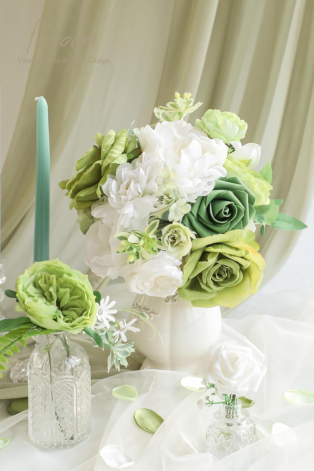 Floroom Olive Green White Artificial Flowers Fake Roses Peonies and Greenery Combo Box Set for DIY