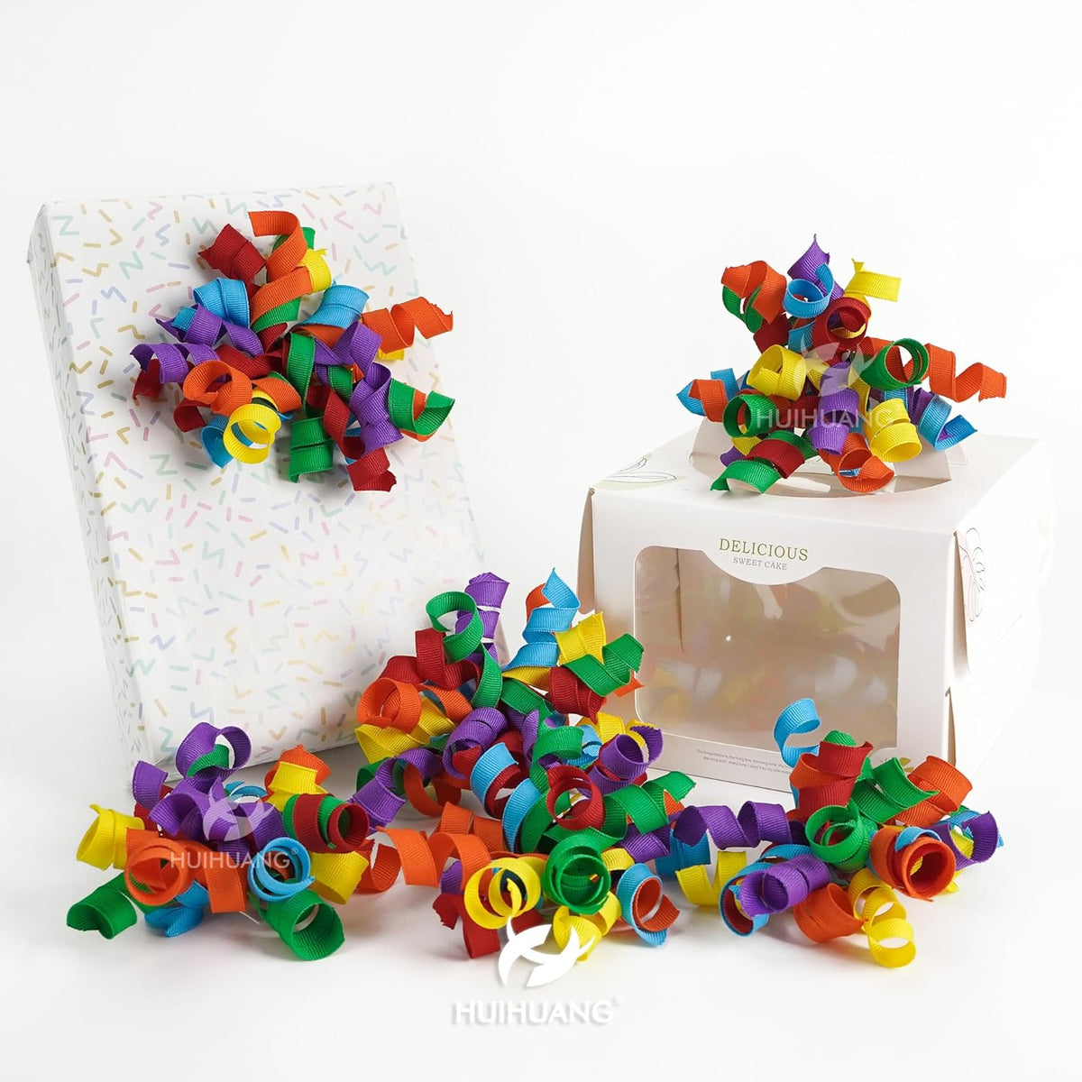 HUIHUANG Rainbow Bows for Gift Wrapping, Birthday Curly Ribbon Bows Self Adhesive Burst Gift Bow