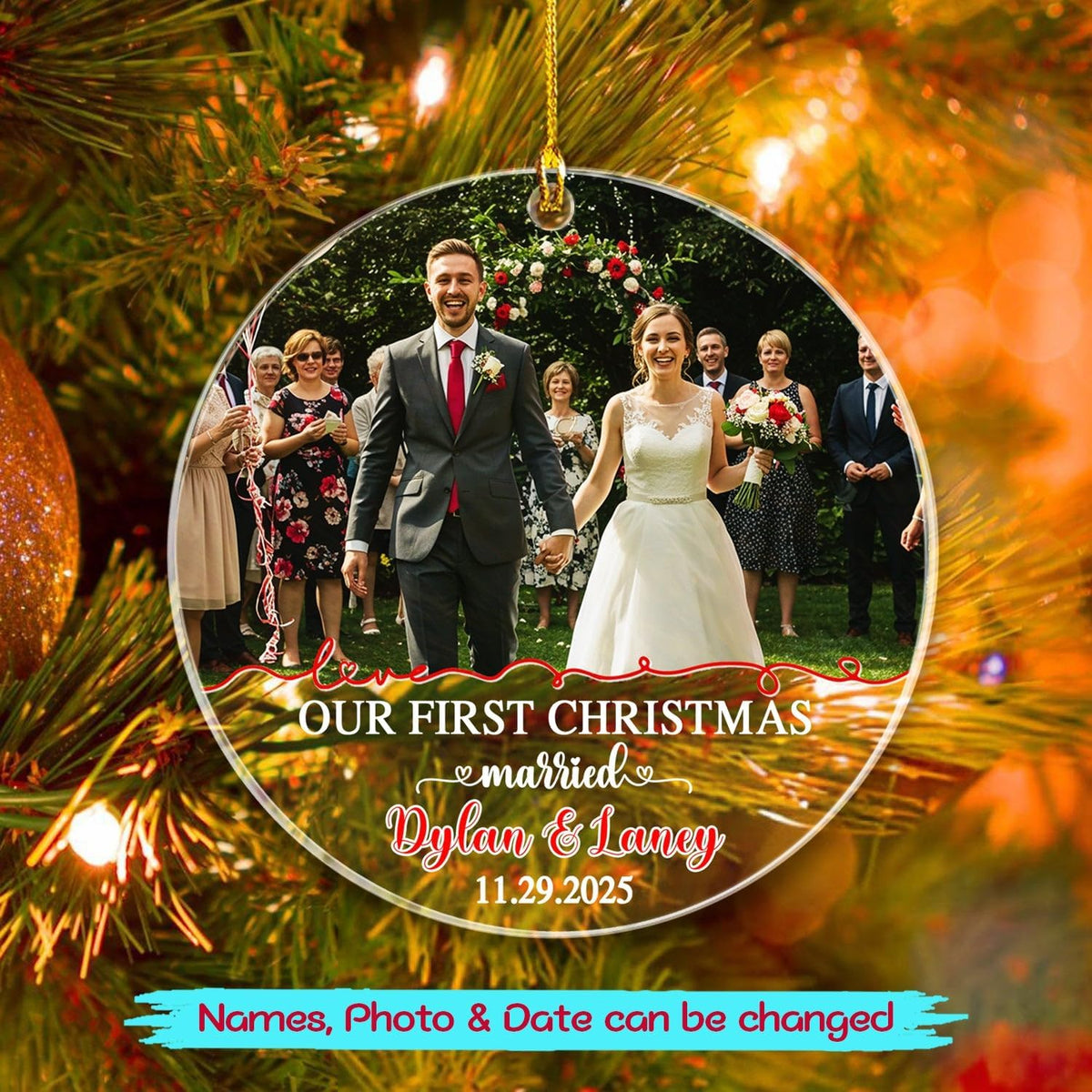 Customized Our First Christmas Married Ornament, Personalized Date/Names & Photo Just Married