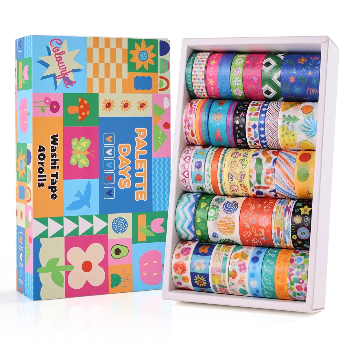emmoolife 40 Rolls Washi Tape Set, Vibrant Color Palette-Themed Cute Decorative Tapes for
