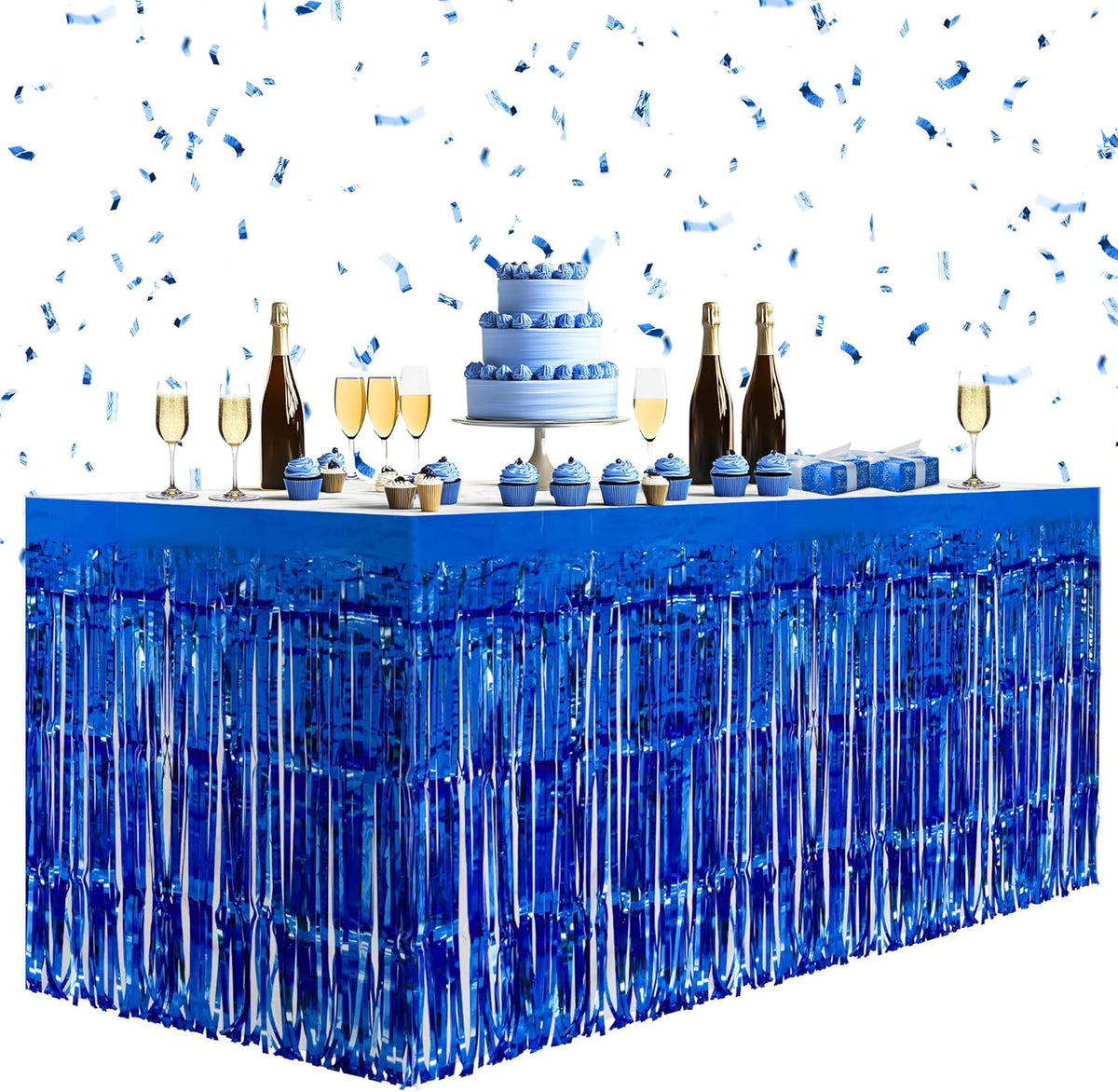 2 Pack Dark Blue Table Skirts, 29x108" Metallic Foil Tinsel Fringe Table Skirts for Rectangle