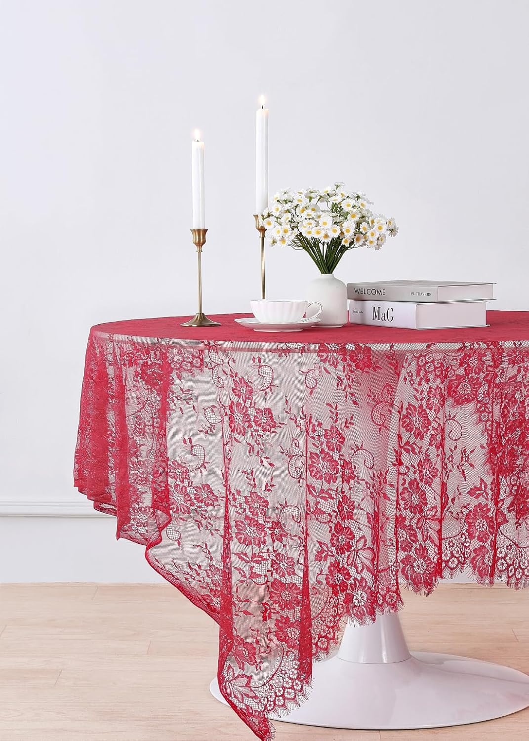 LuoluoHouse Red Tablecloth Christmas Lace Table Fabric 2pcs 60x120 Inch for Birthday Rustic Wedding