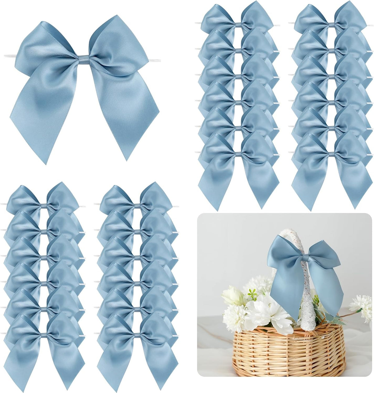 5'' Dusty Blue Bow Party Decorations Satin Bows, Twist Tie Bows for Treat Bags, Cake Pops, Pre-tied
