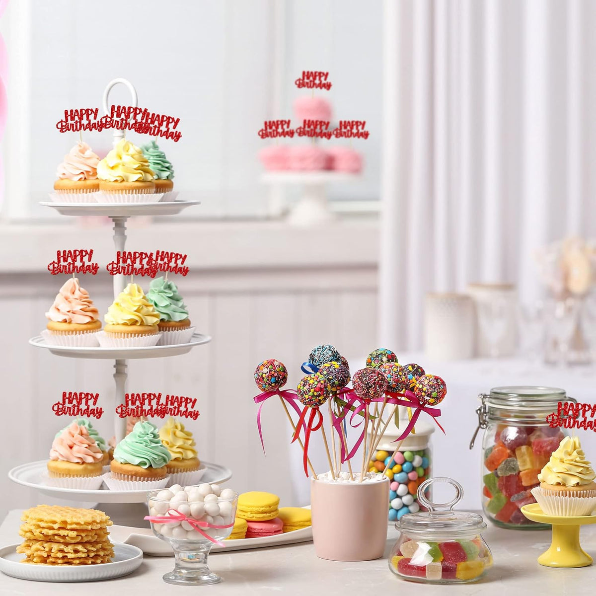 Gyufise 24pcs Happy Birthday Cupcake Toppers - Glitter Cupcake Food Picks for Celebrating Theme
