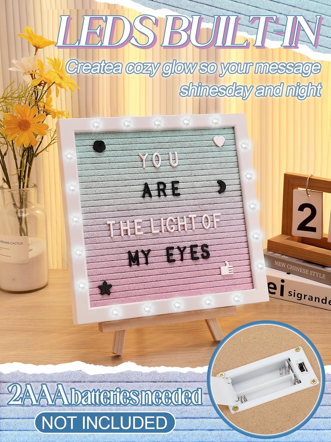 Light up Changeable Felt Letter Board Sign with LED Lights - 10×10" Message Board & Wood Stand &